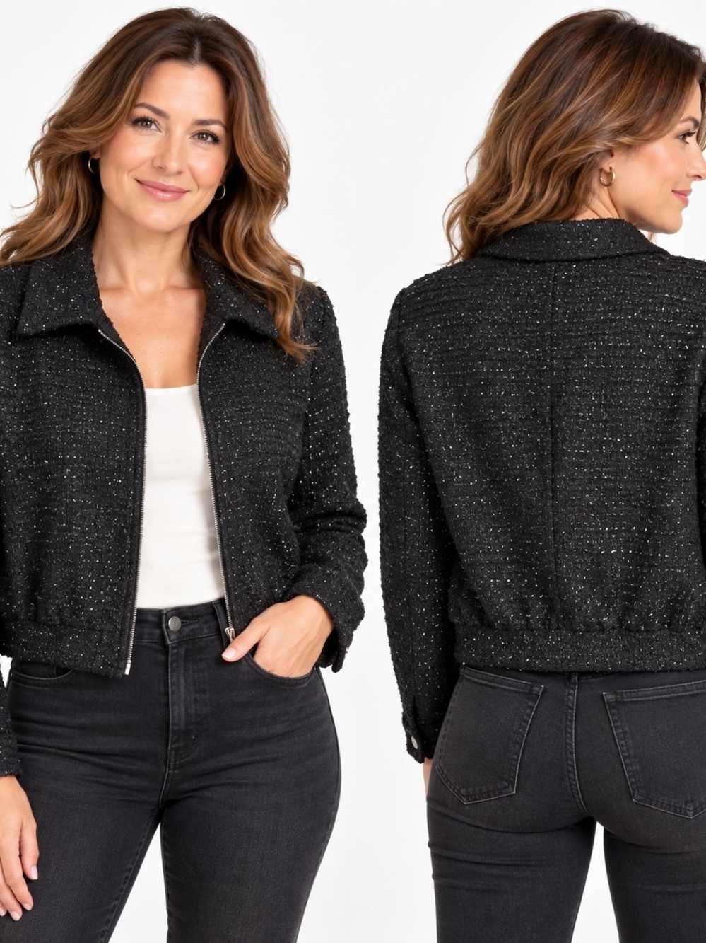 Joie Size L Black Metallic Tweed Zip Jacket Contemporary Chic Minimalist Quiet L